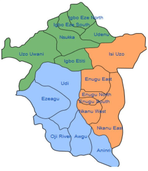 Map of Enugu State showing the locations of the 17 local government areas Source