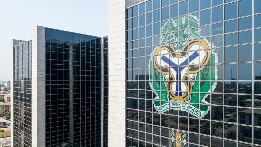 Central Bank of Nigerias logo is seen on the headquarters building in Abuja